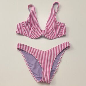 Hollister Striped Pink, Purple, & White Ribbed Bikini Set